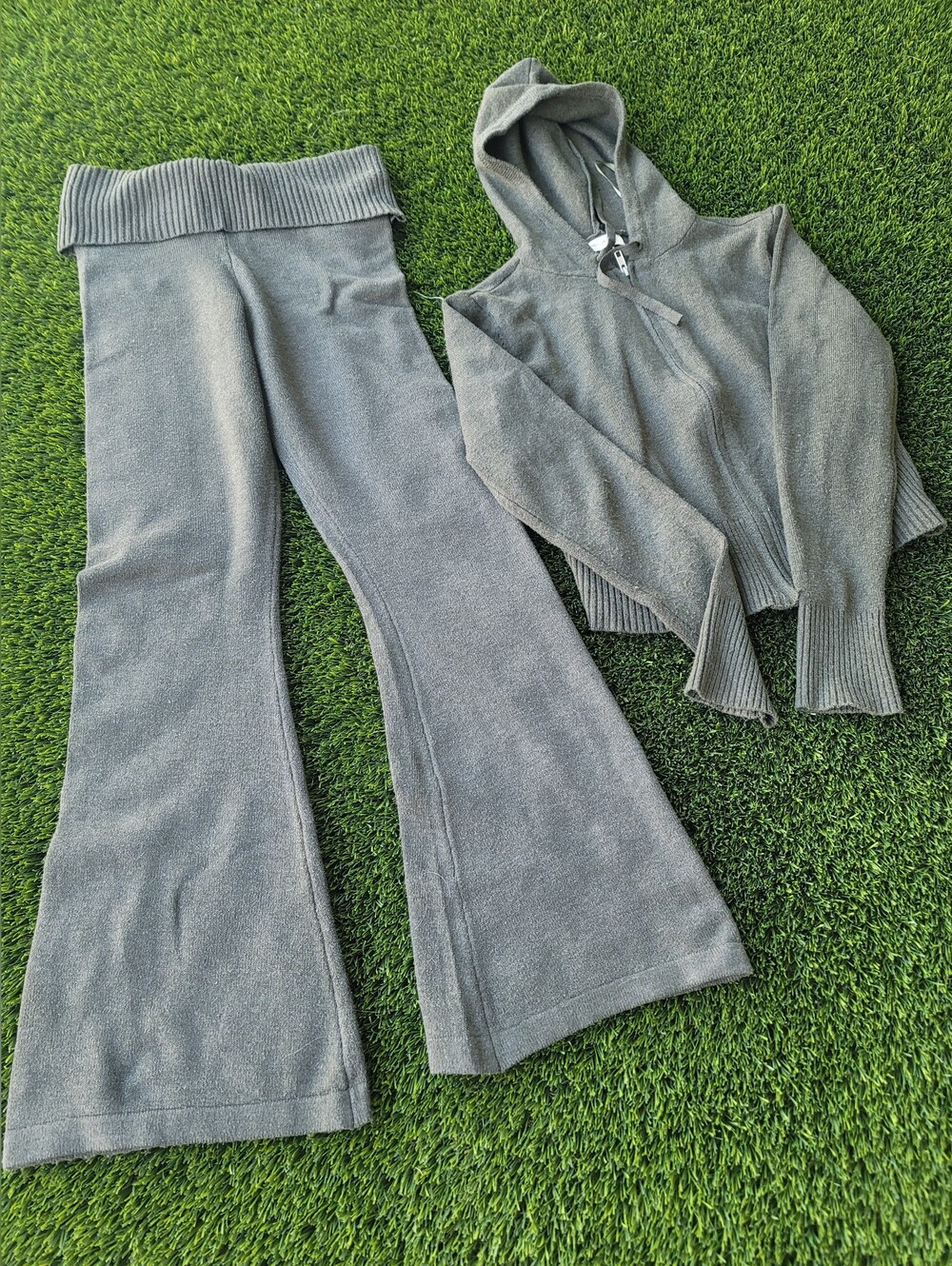 Olive Wide-Leg Knit Pants & Hoodie Set